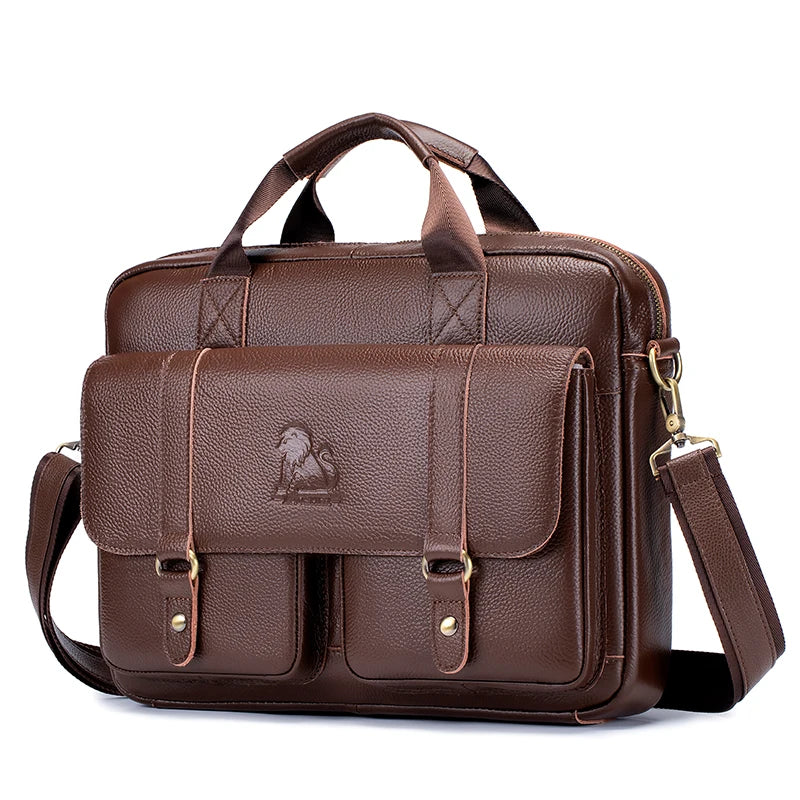Genuine Leather Mens Briefcase - Large Capacity Computer Bag with Double Front Pockets - ZOOMNSTORE