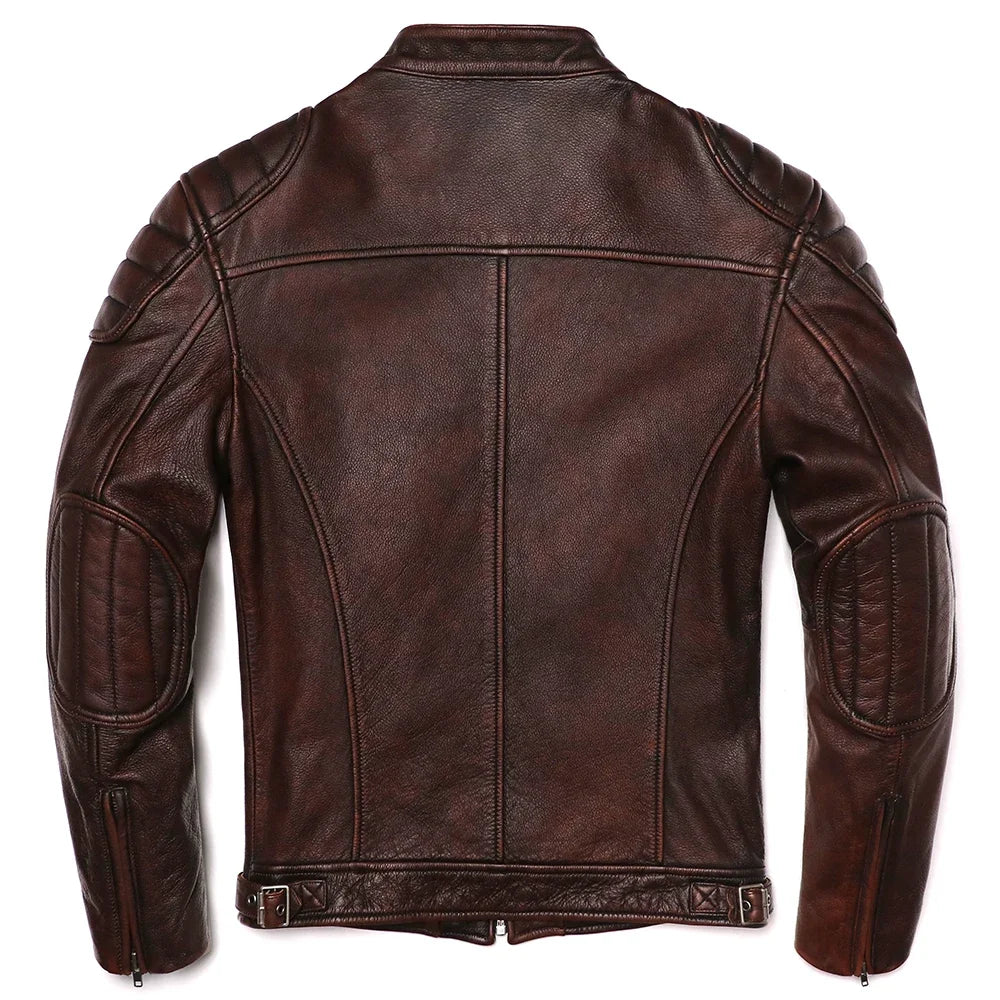 Genuine Leather Motorcycle Jacket - Vintage Brown Cowhide Biker Coat for Men - ZOOMNSTORE