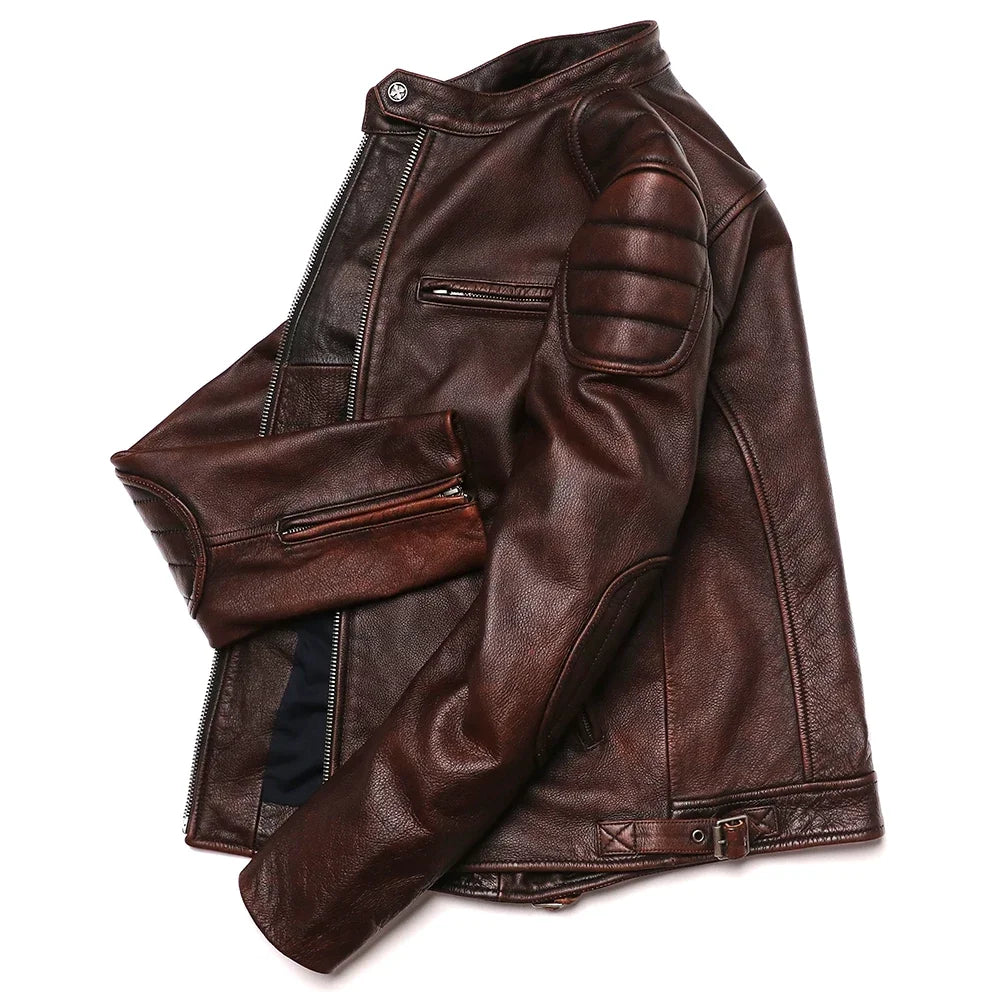Genuine Leather Motorcycle Jacket - Vintage Brown Cowhide Biker Coat for Men - ZOOMNSTORE
