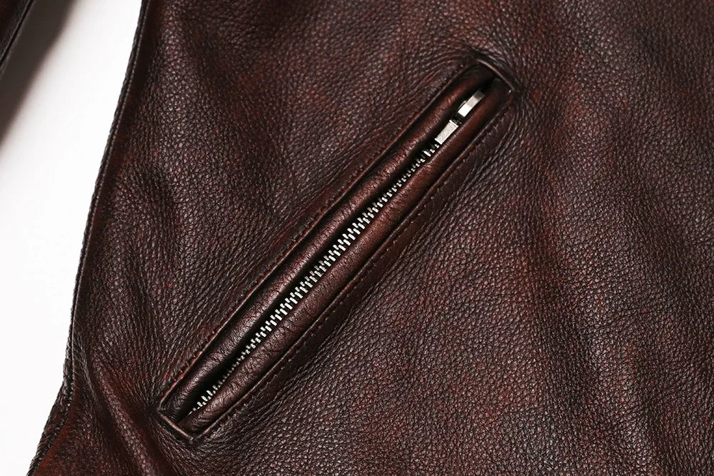 Genuine Leather Motorcycle Jacket - Vintage Brown Cowhide Biker Coat for Men - ZOOMNSTORE