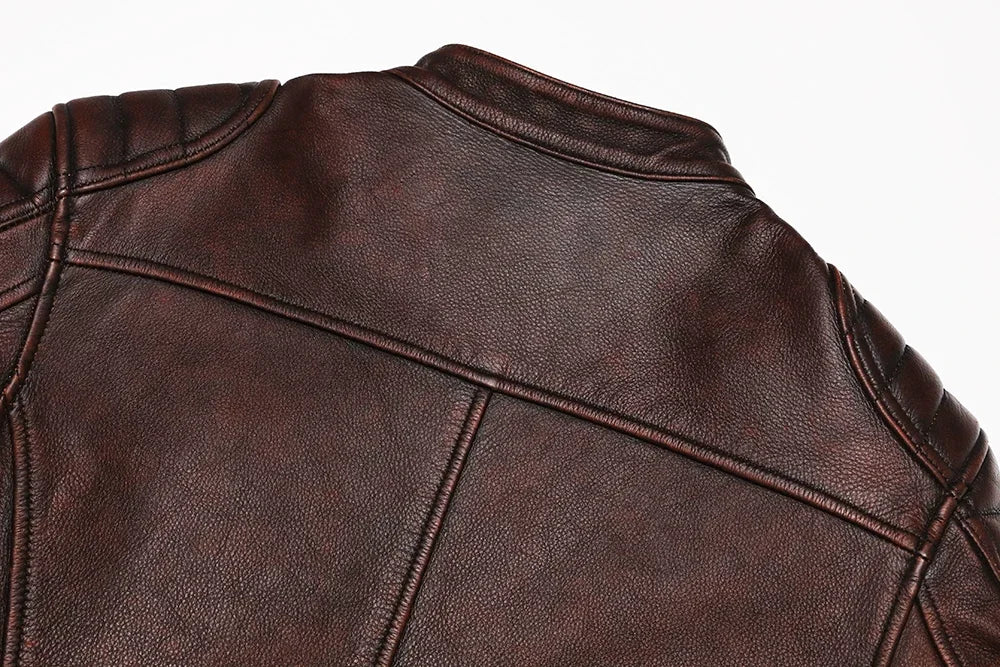 Genuine Leather Motorcycle Jacket - Vintage Brown Cowhide Biker Coat for Men - ZOOMNSTORE