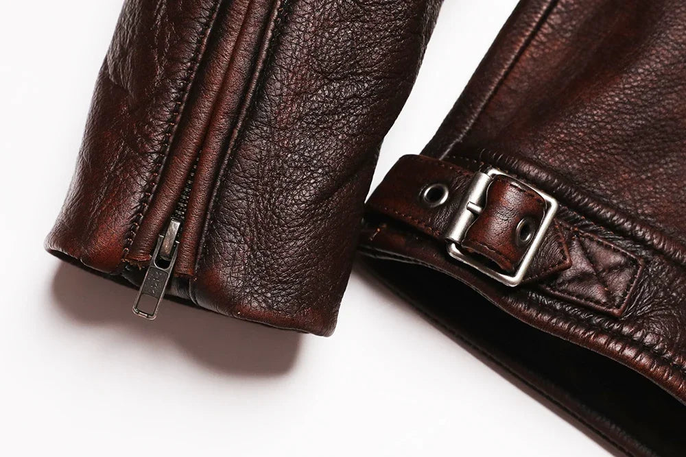 Genuine Leather Motorcycle Jacket - Vintage Brown Cowhide Biker Coat for Men - ZOOMNSTORE