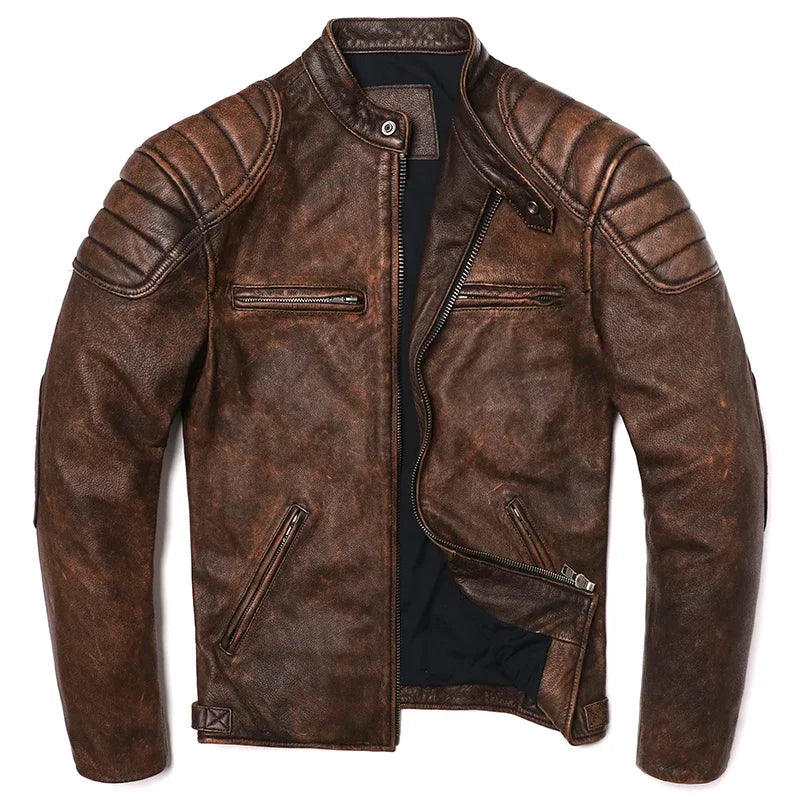 Genuine Leather Motorcycle Jacket - Vintage Brown Cowhide Biker Coat for Men - ZOOMNSTORE
