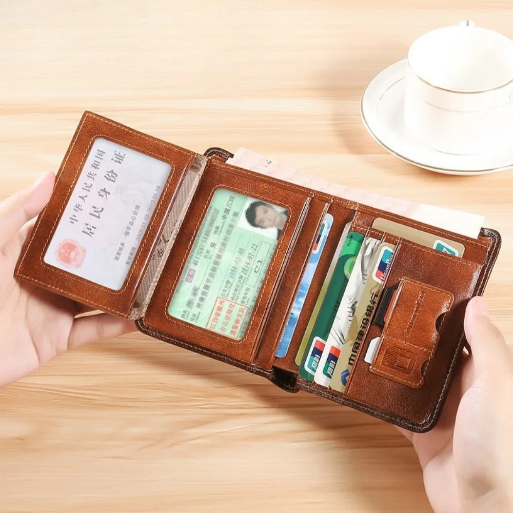 Genuine Leather RFID Blocking Trifold Wallet - Vintage Thin Multi-Function Mens ID Credit Card Holder - ZOOMNSTORE