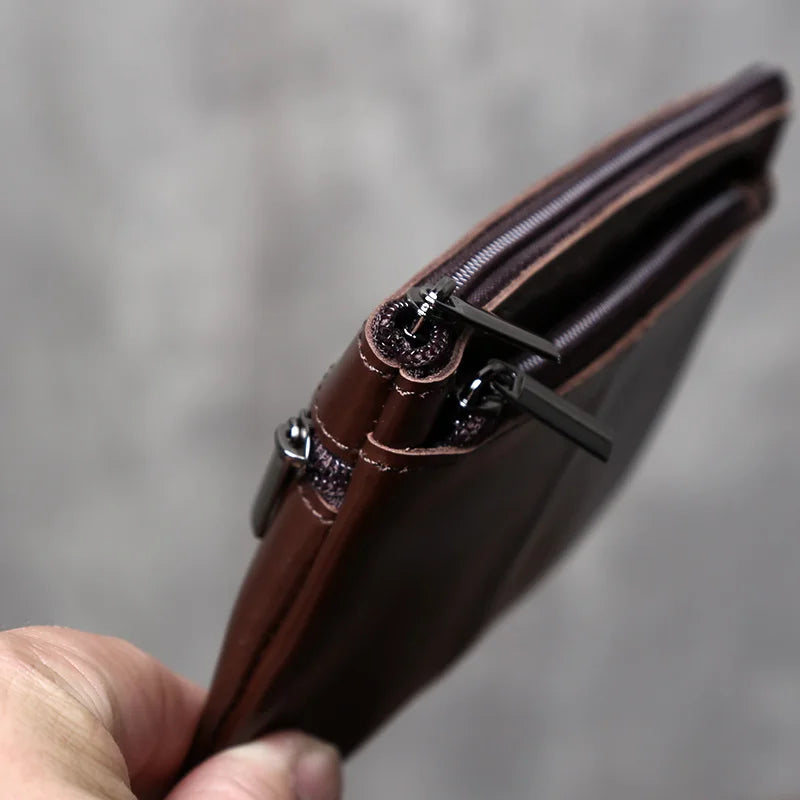 Genuine Leather Small Wallet - Handmade Cowhide Business Card Holder with Zipper - ZOOMNSTORE