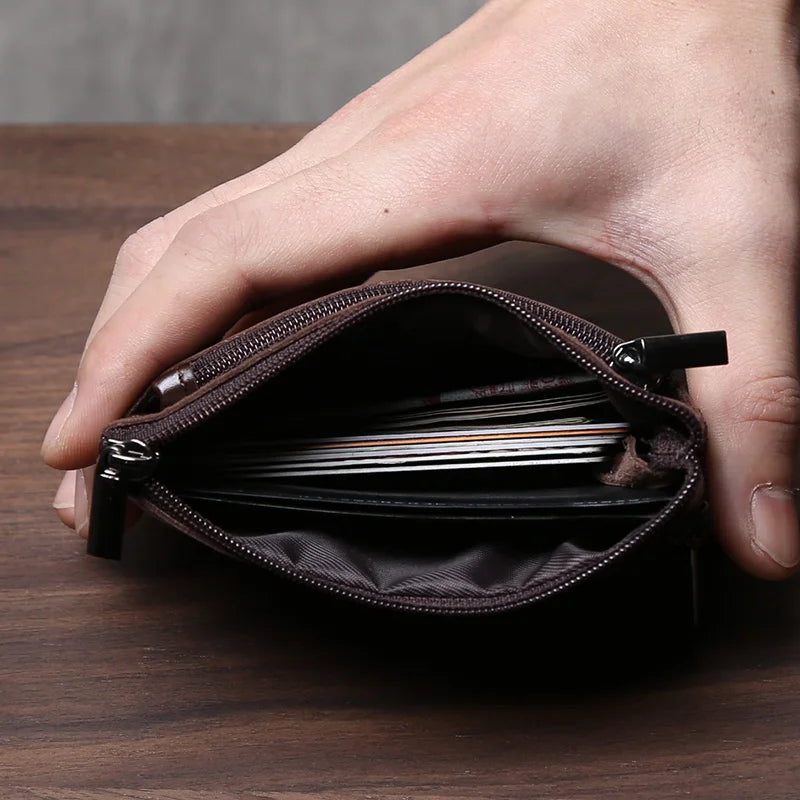 Genuine Leather Small Wallet - Handmade Cowhide Business Card Holder with Zipper - ZOOMNSTORE