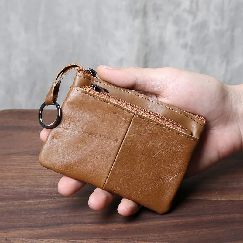 Genuine Leather Small Wallet - Handmade Cowhide Business Card Holder with Zipper - ZOOMNSTORE