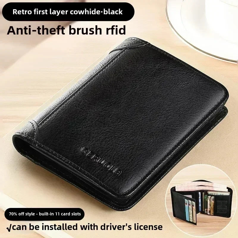 Genuine Leather RFID Blocking Trifold Wallet - Vintage Thin Multi-Function Mens ID Credit Card Holder - ZOOMNSTORE
