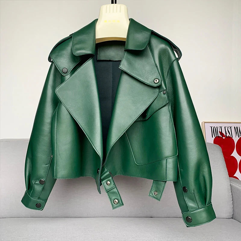 Genuine Sheepskin Leather Biker Jacket - Womens Winter Spring Coat - ZOOMNSTORE