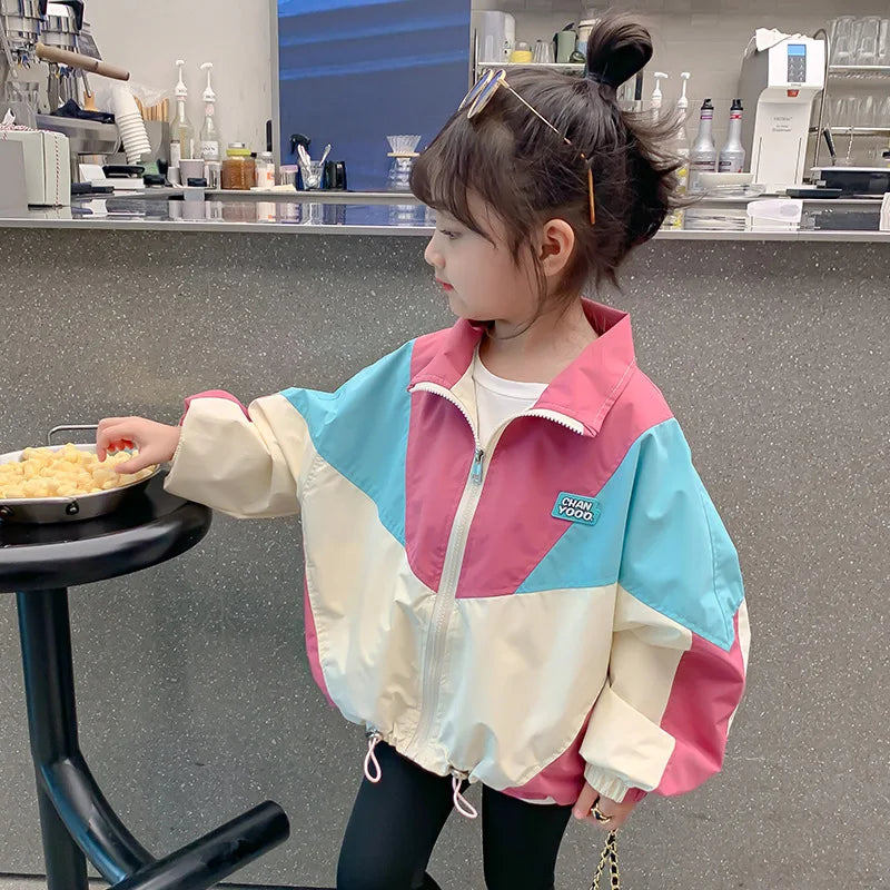 Girls Colorblocked Baseball Trench Jacket - Spring Autumn Casual Outerwear Ages 2-10 - ZOOMNSTORE