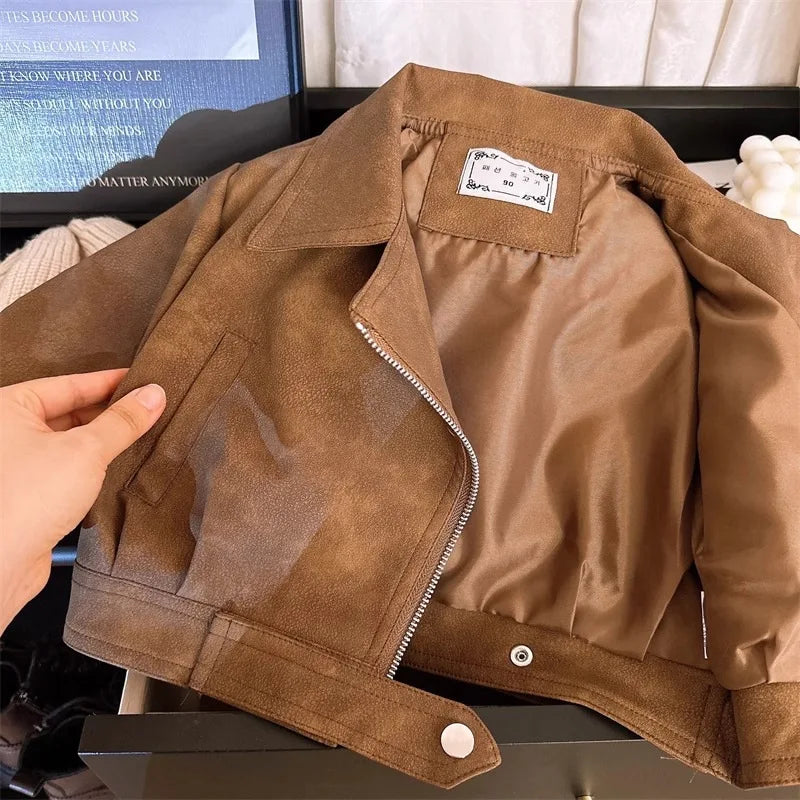 Girls Leather Jacket - Spring Autumn Stain Resistant Outerwear Ages 2-8 - ZOOMNSTORE