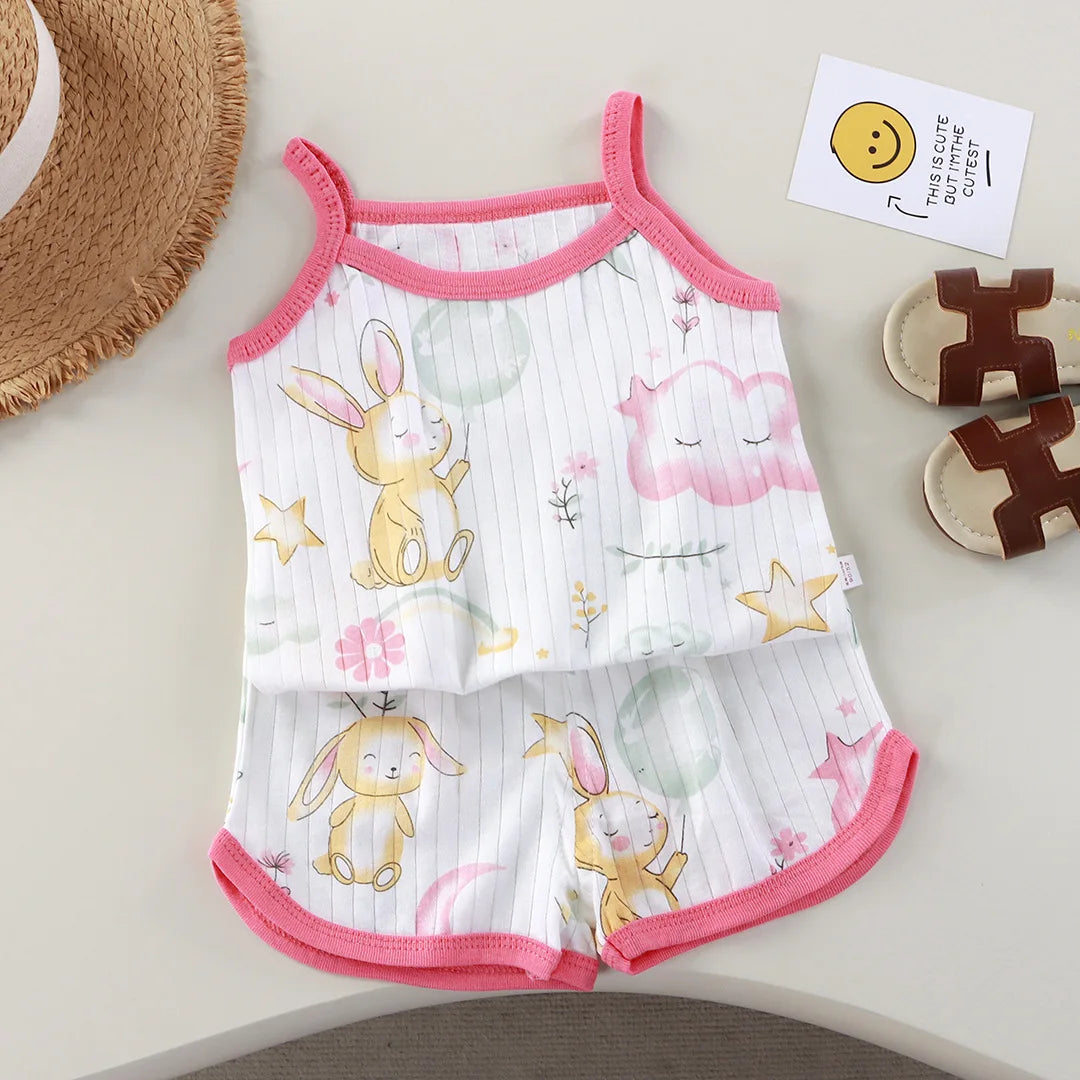 Girls Summer 2-Piece Cotton Set - Sleeveless Top Shorts - ZOOMNSTORE