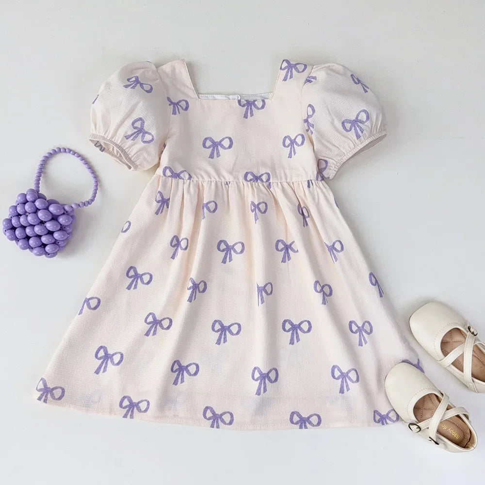 Girls Summer Bow Print Casual Dress - Cute Kids Clothing for Ages 3-7 - ZOOMNSTORE