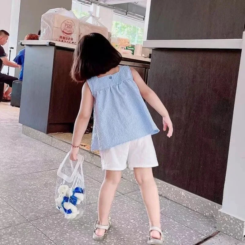 Girls Summer Outfit Set - Checked Straps White Shorts - ZOOMNSTORE