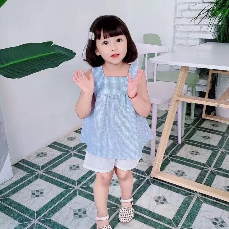 Girls Summer Outfit Set - Checked Straps White Shorts - ZOOMNSTORE