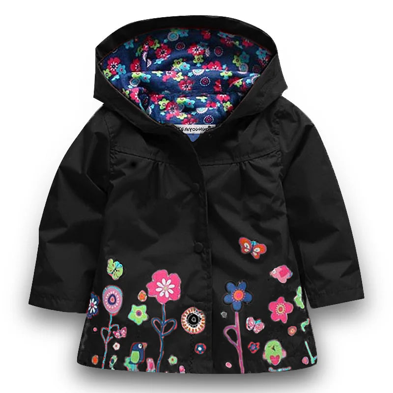Girls Waterproof Windcoat - Autumn Casual Flower Print Hoodie Jacket - ZOOMNSTORE