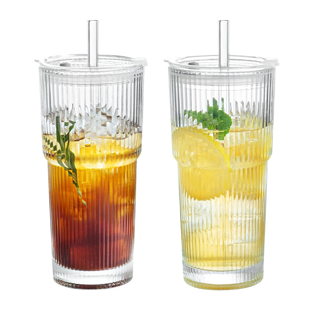 Glass Cup With Lid - 600ml Transparent Striped Glass Tumbler With Straw - ZOOMNSTORE