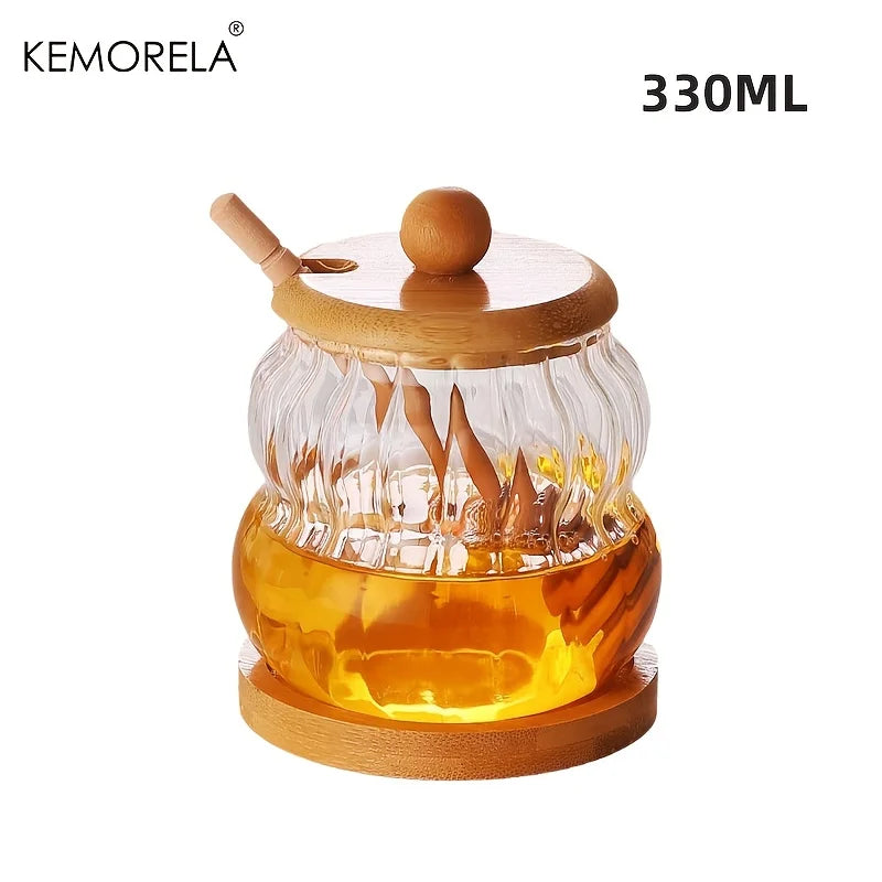 KEMORELA Honey Jar with Spoon and Sealing Lid 330/450ML Glass Honey Jar with Wooden Honey Spoon Tray Sealed Syrup Dispenser - ZOOMNSTORE