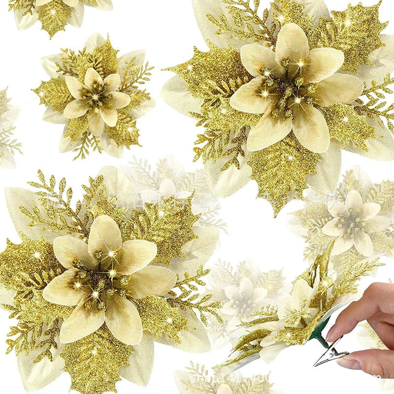 Glitter Christmas Flowers - 5pcs Artificial Tree Ornaments - ZOOMNSTORE