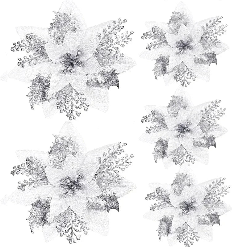 Glitter Christmas Flowers - 5pcs Artificial Tree Ornaments - ZOOMNSTORE