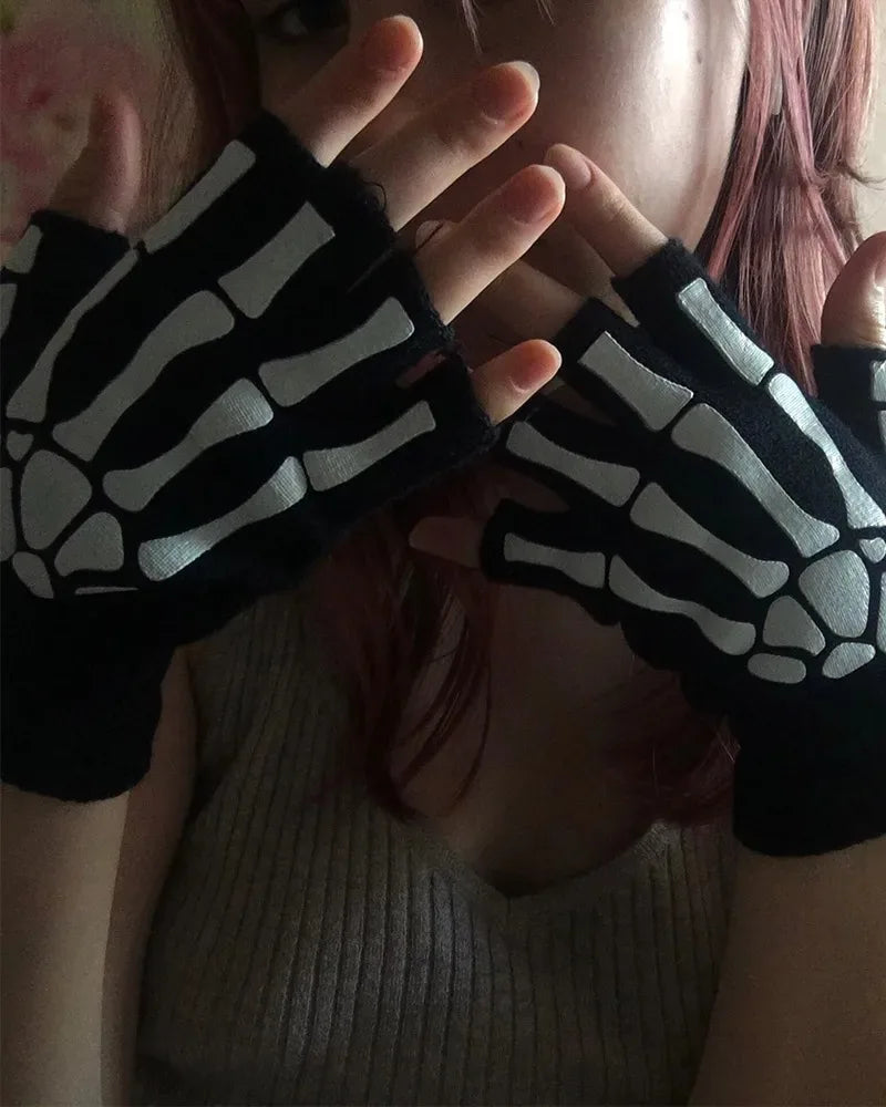 New Punk Gloves Unisex Halloween Skeleton Skull Half Finger Gloves Glow In The Dark Fingerless Stretch Knitted Winter Mittens - ZOOMNSTORE