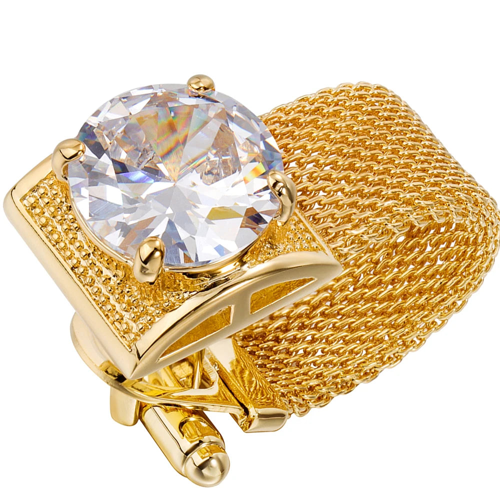 Luxury Gold Tone Crystal Cufflinks Set for Men - Wedding Shirt Accessories with Chain and Gemstones - ZOOMNSTORE