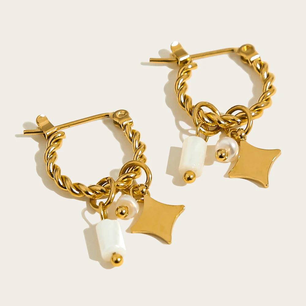 Gold Plated Hoop Earrings – Vintage Stainless Steel 18K Natural Stone Charms - ZOOMNSTORE