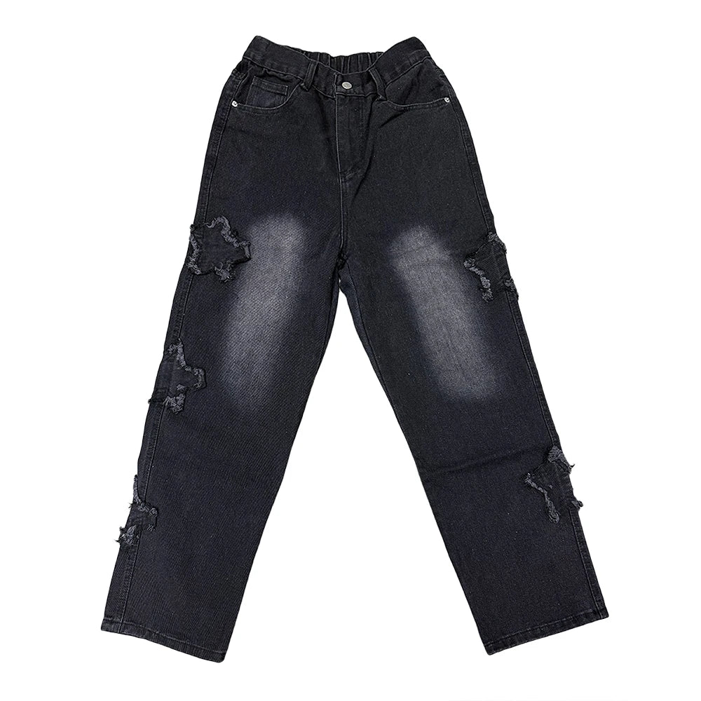 Gothic Star Embroidery Wide Leg Jeans - Casual Hip-Hop Streetwear Trousers - ZOOMNSTORE