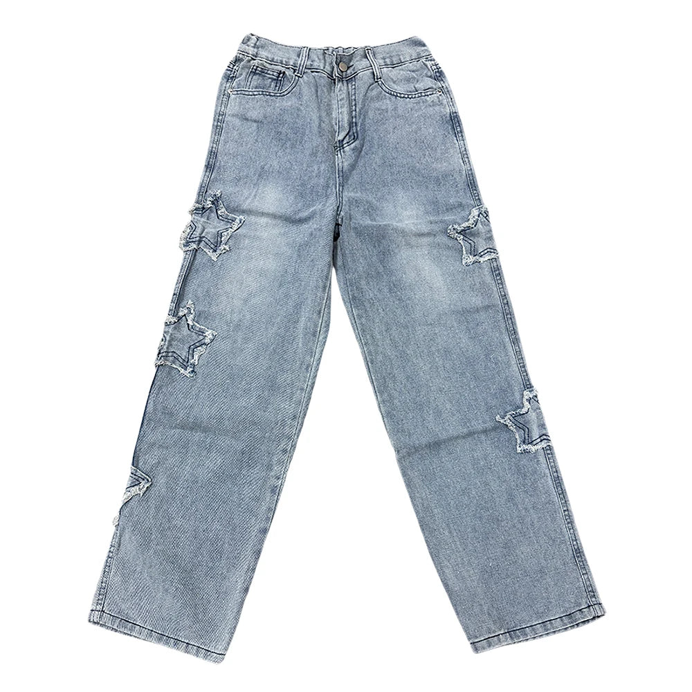 Gothic Star Embroidery Wide Leg Jeans - Casual Hip-Hop Streetwear Trousers - ZOOMNSTORE