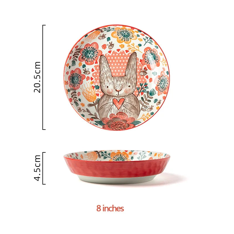 Hand-Painted Rabbit Bowl and Plate Set - Cute Ceramic Soup and Salad Dish