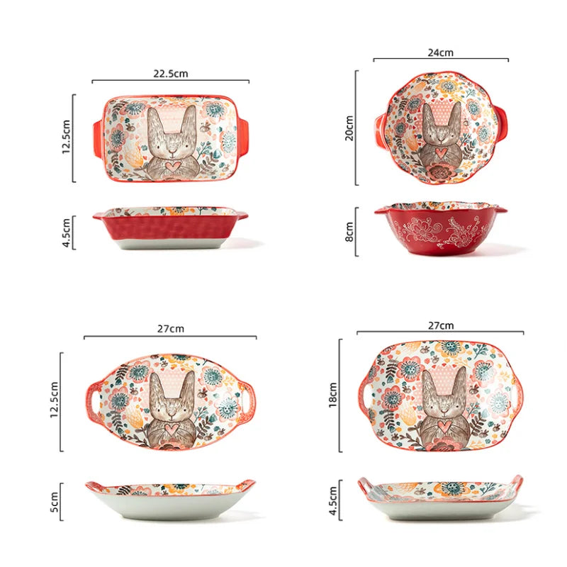 Hand-Painted Rabbit Bowl and Plate Set - Cute Ceramic Soup and Salad Dish
