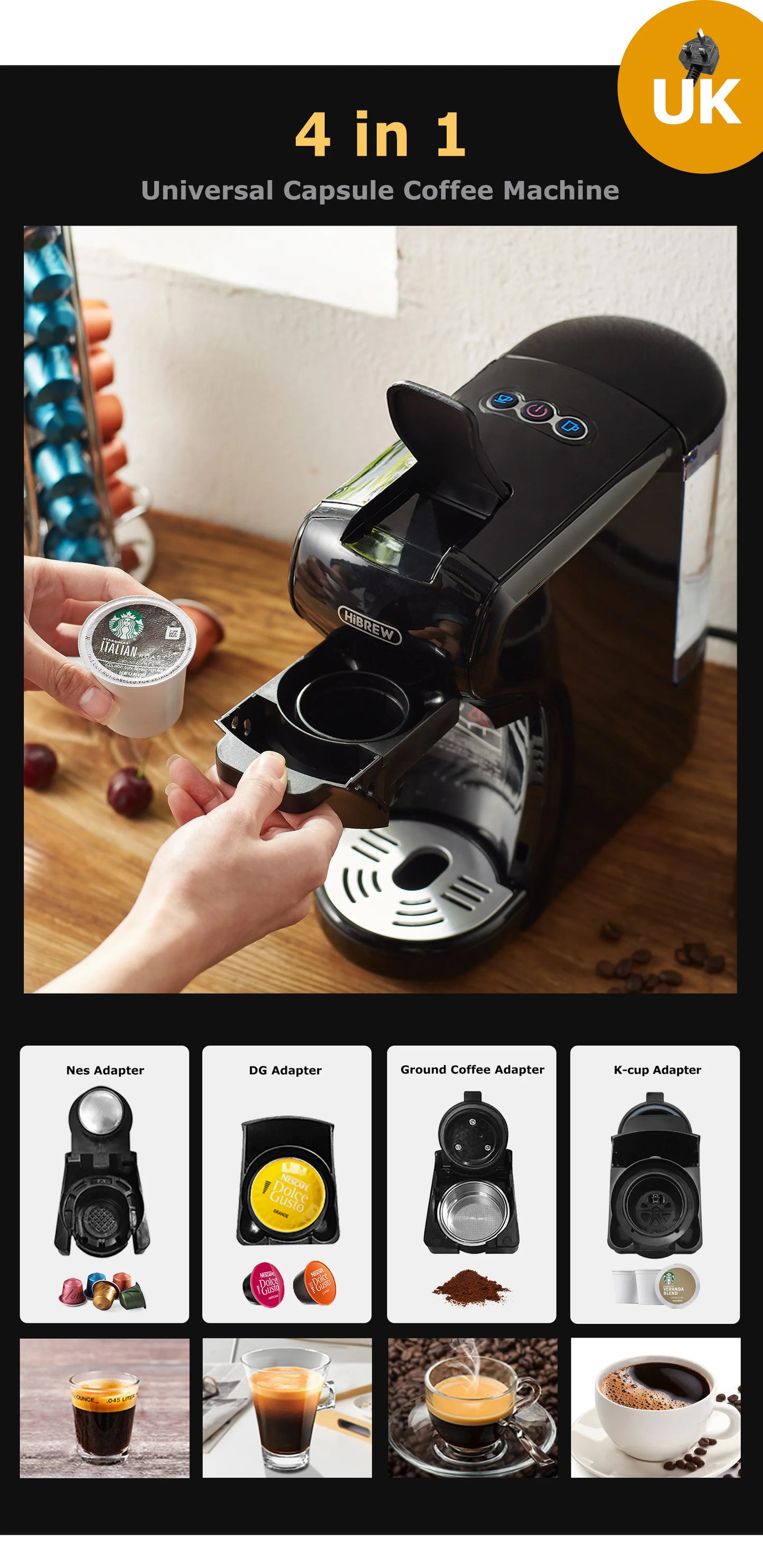 HiBREW 4-in-1 Coffee Machine - 19 Bar Espresso Pod Maker for Hot Cold Drinks - ZOOMNSTORE
