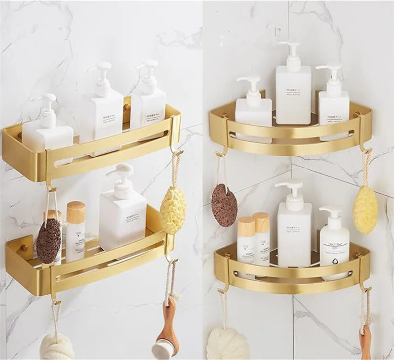 Wall-Mounted Corner Shelf - Brushed Gold Aluminum Bathroom Shampoo Holder