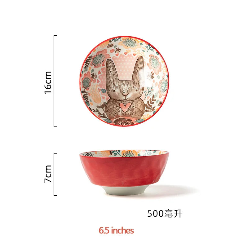Hand-Painted Rabbit Bowl and Plate Set - Cute Ceramic Soup and Salad Dish
