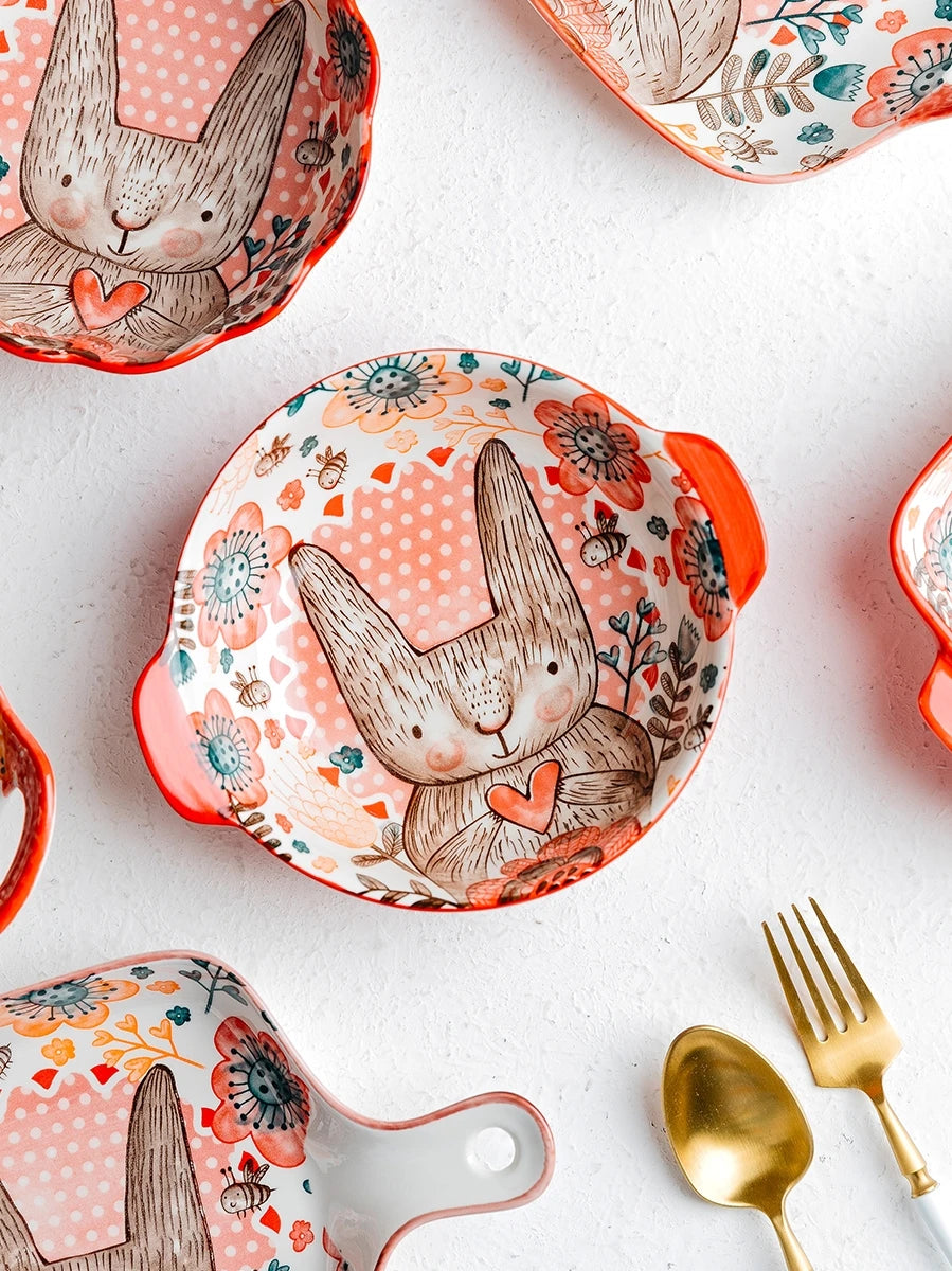 Hand-Painted Rabbit Bowl and Plate Set - Cute Ceramic Soup and Salad Dish
