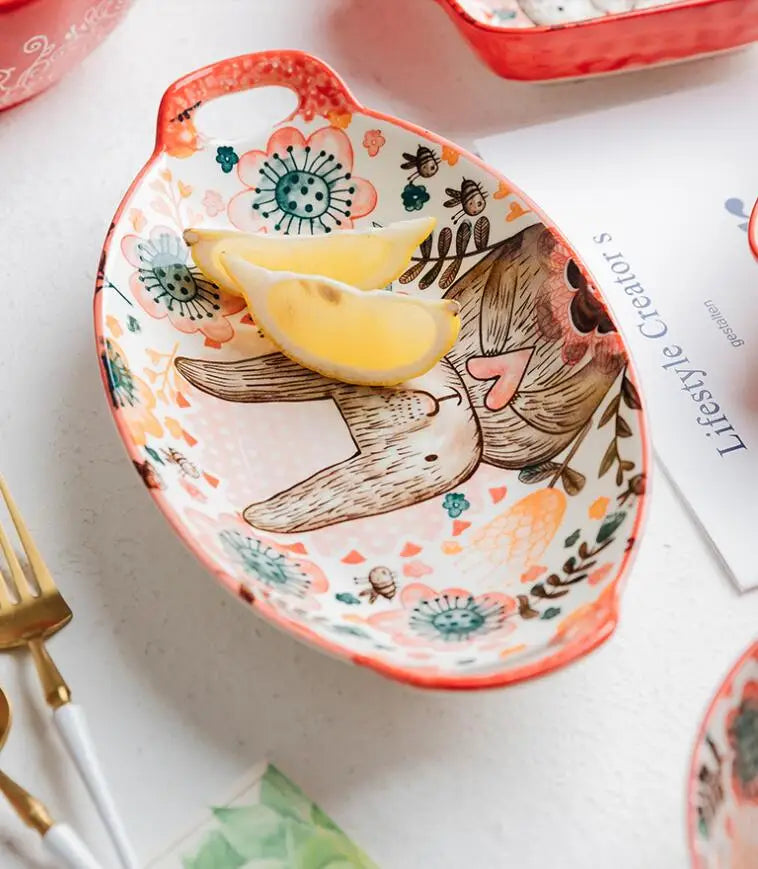 Hand-Painted Rabbit Bowl and Plate Set - Cute Ceramic Soup and Salad Dish