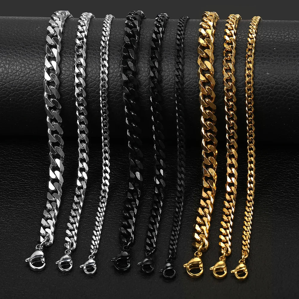 Mens Stainless Steel Curb Cuban Link Bracelet - Black Gold Silver Color Womens Jewelry KBM03 - ZOOMNSTORE