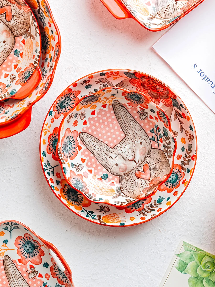 Hand-Painted Rabbit Bowl and Plate Set - Cute Ceramic Soup and Salad Dish