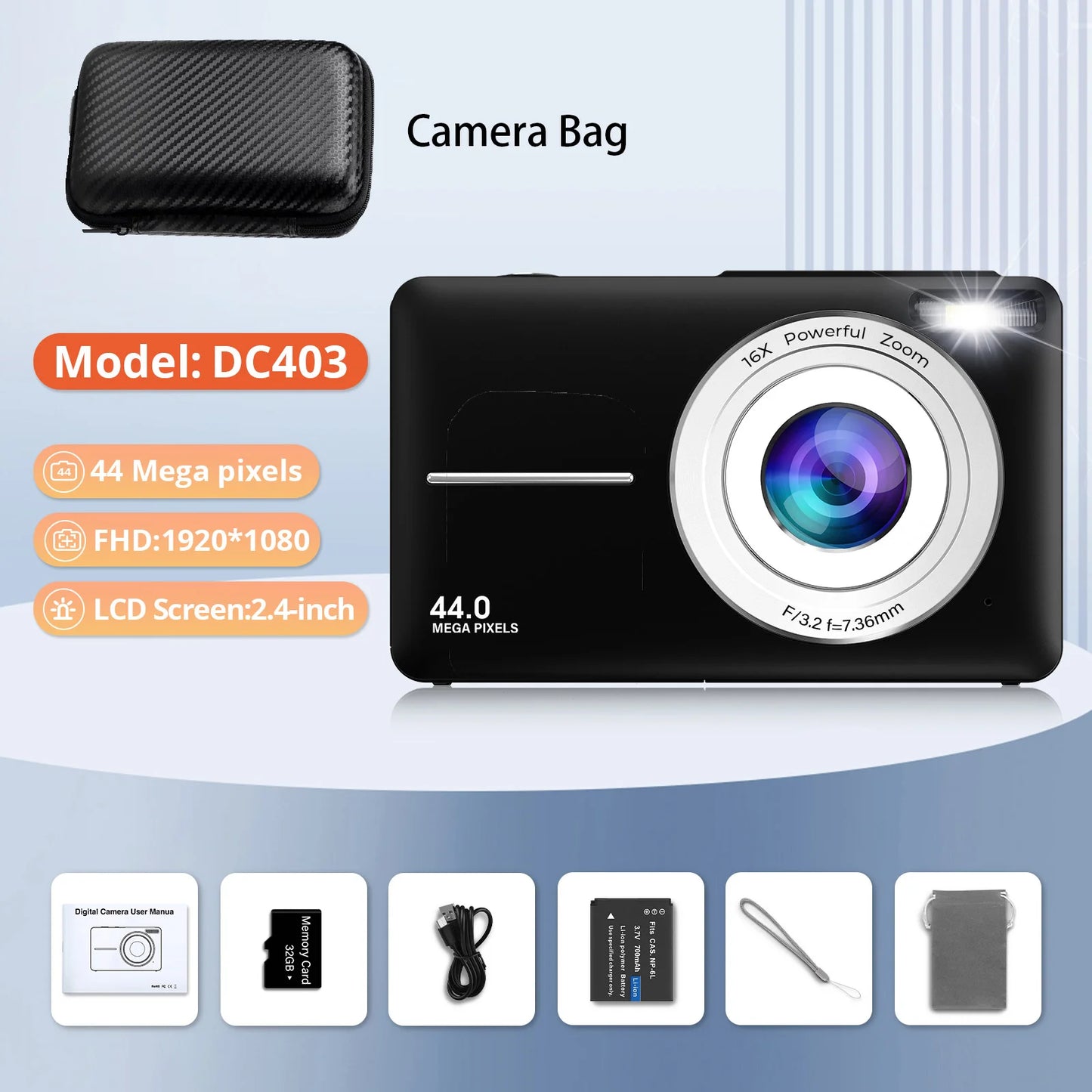 HD 1080P Compact Digital Camera - 44MP Rechargeable Camera with 16x Zoom for Kids Beginners - ZOOMNSTORE