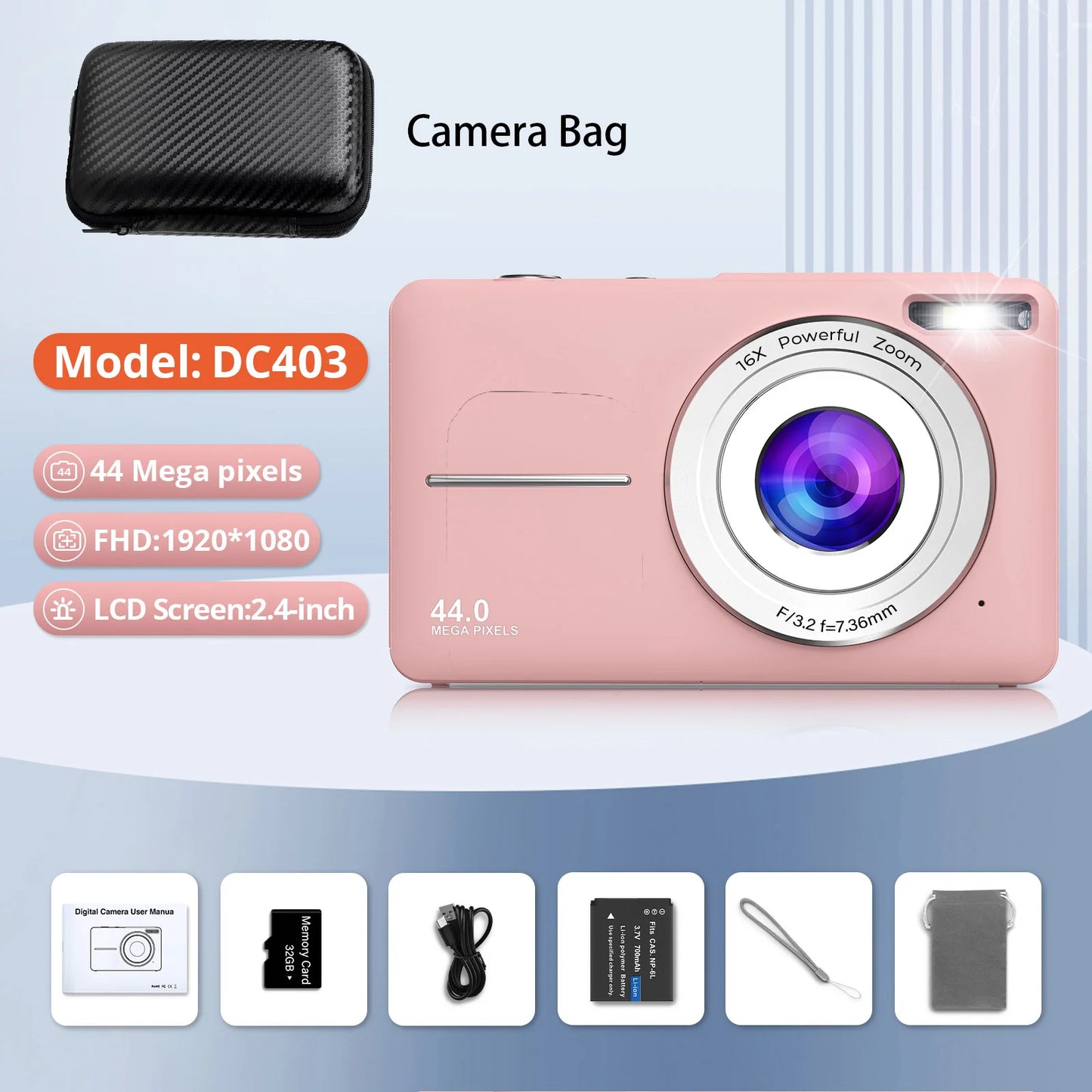 HD 1080P Compact Digital Camera - 44MP Rechargeable Camera with 16x Zoom for Kids Beginners - ZOOMNSTORE
