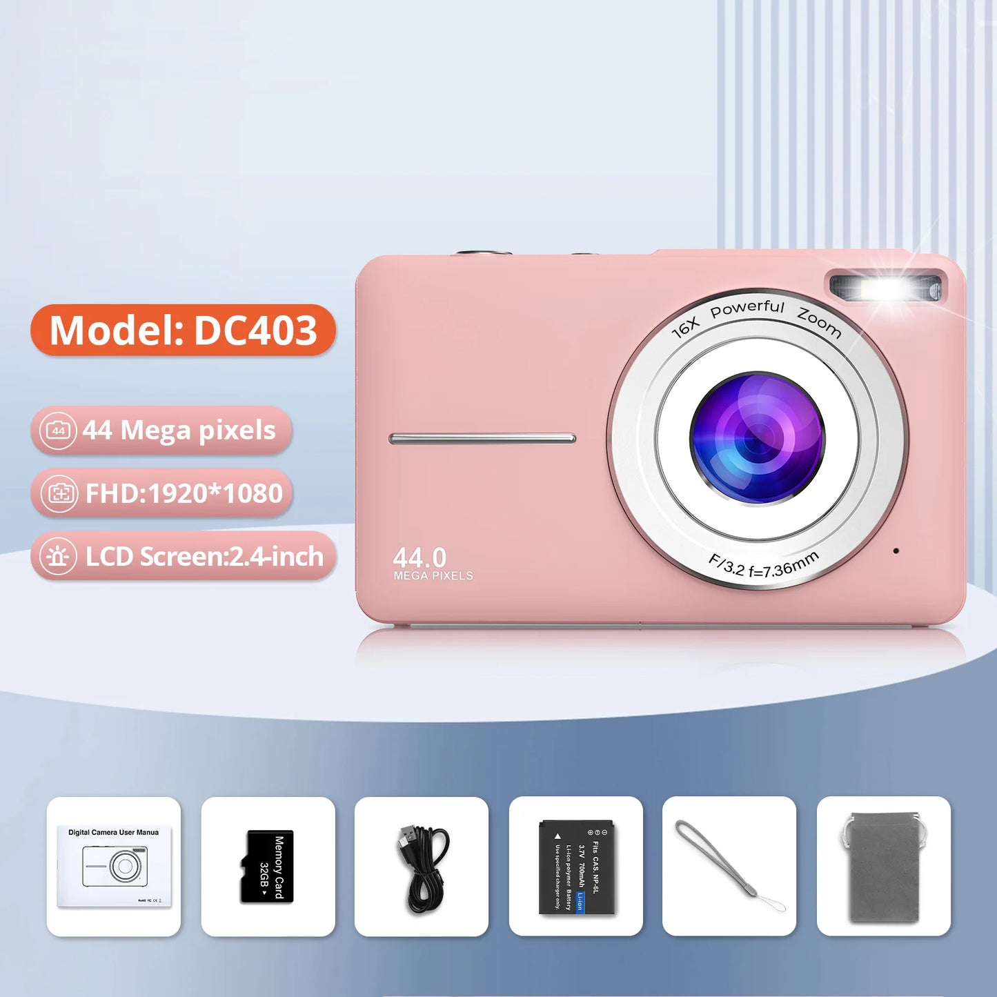 HD 1080P Compact Digital Camera - 44MP Rechargeable Camera with 16x Zoom for Kids Beginners - ZOOMNSTORE
