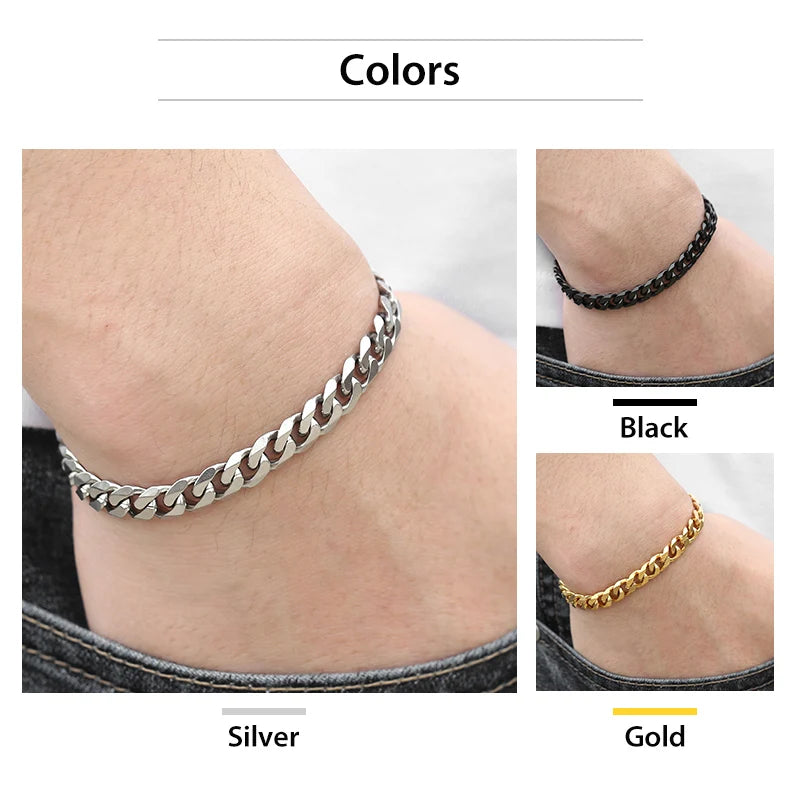 Mens Stainless Steel Curb Cuban Link Bracelet - Black Gold Silver Color Womens Jewelry KBM03 - ZOOMNSTORE