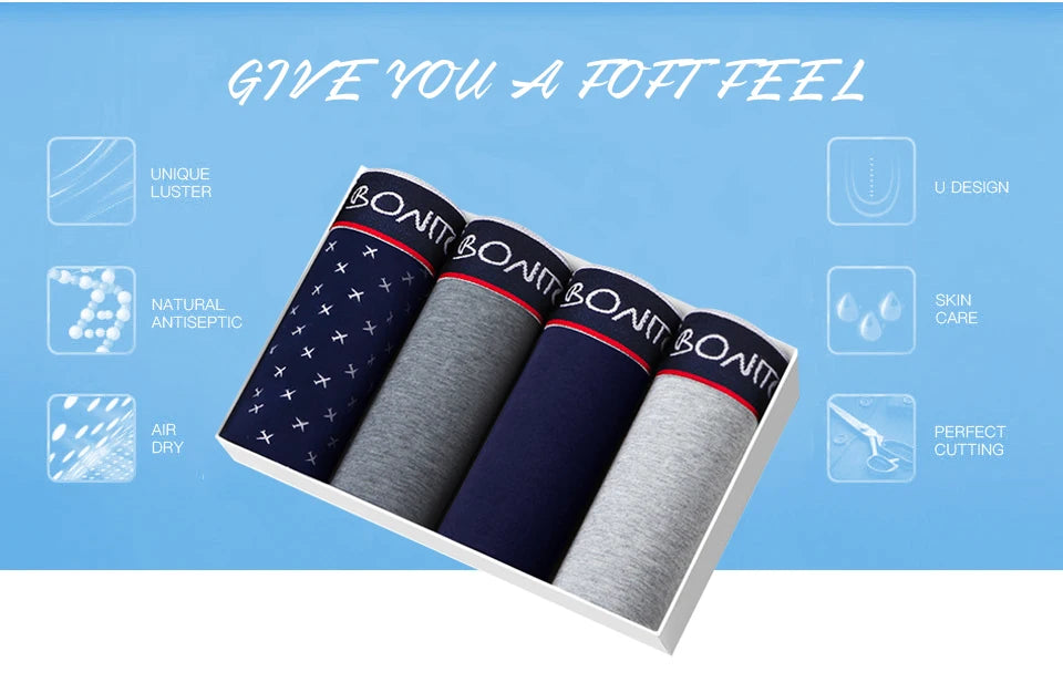 Mens Cotton Boxer Shorts - 4-Pack Underwear Set Soft and Comfortable