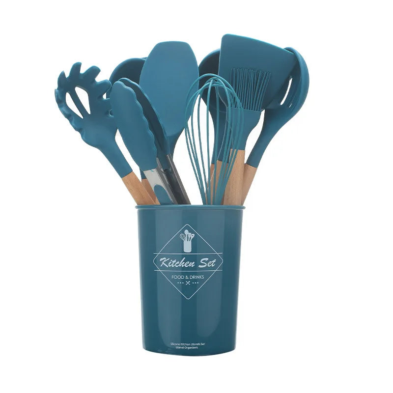 Silicone Kitchen Utensils Set - 11 Pcs BPA Free Cookware with Wooden Handle and Holder - ZOOMNSTORE