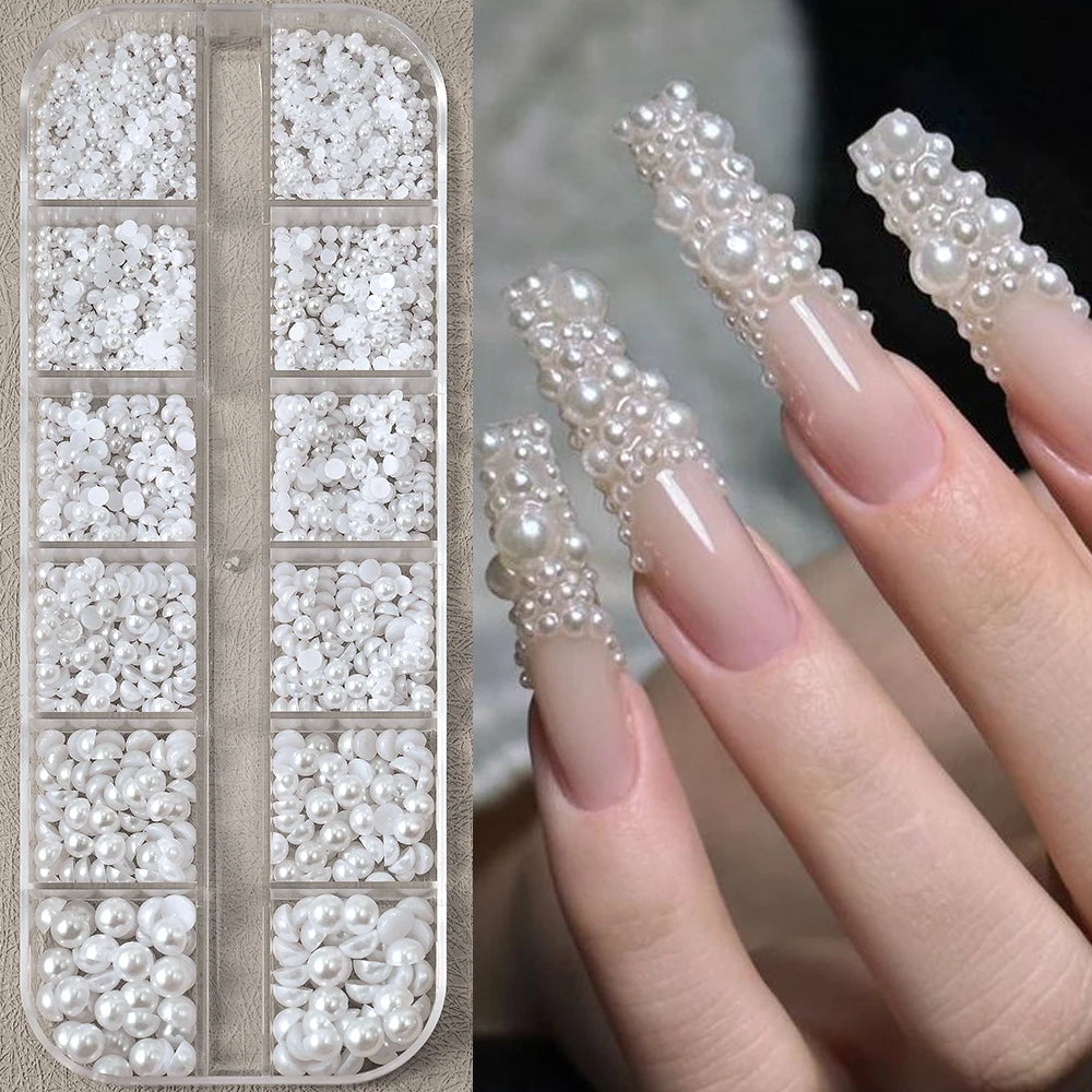 Half Round Pearl Beads - 3D Nail Charms Flatback White Pearls Various Sizes 15-5mm - ZOOMNSTORE