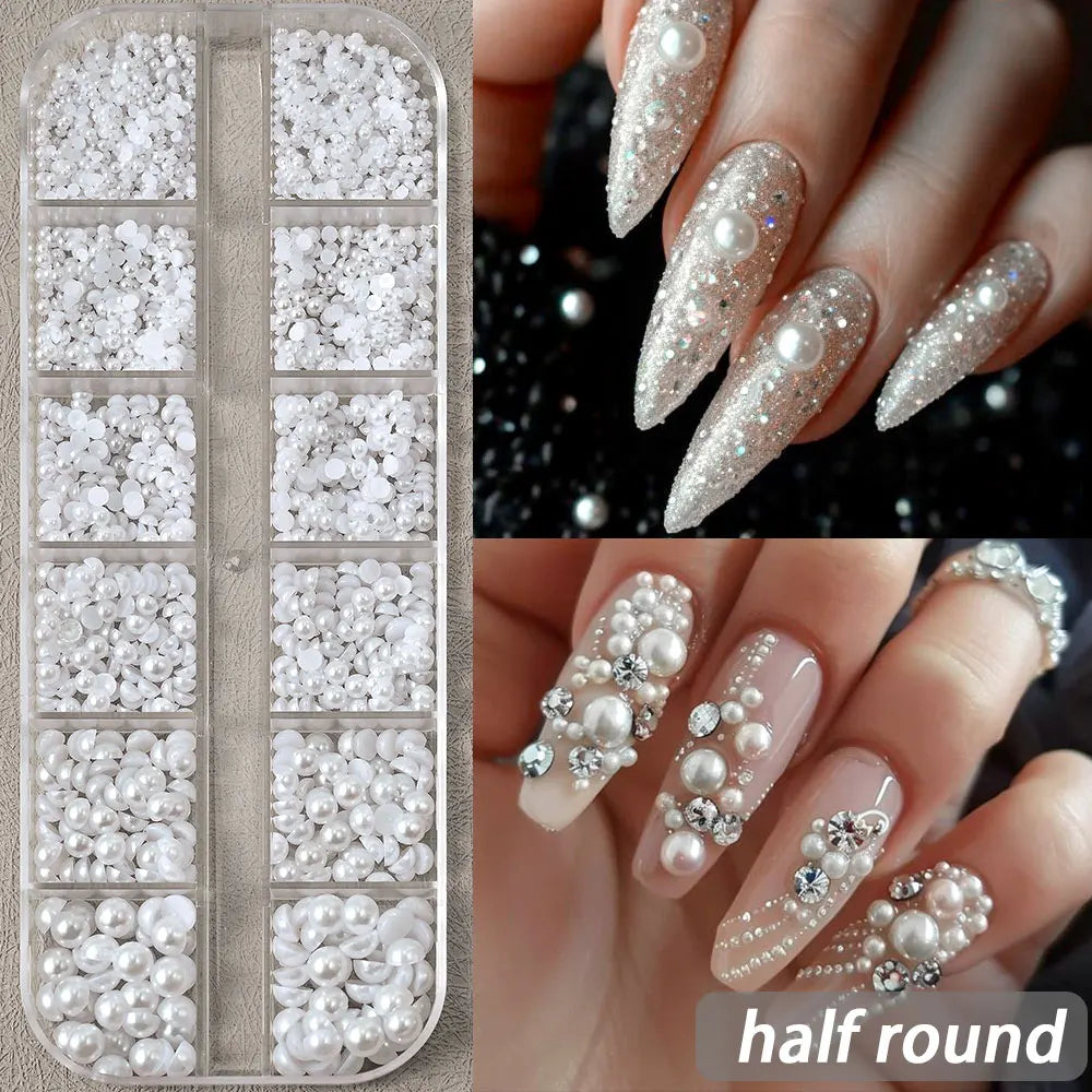 Half Round Pearl Beads - 3D Nail Charms Flatback White Pearls Various Sizes 15-5mm - ZOOMNSTORE