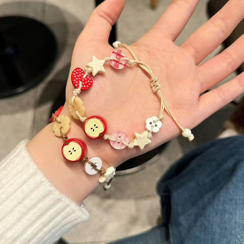 Handmade Ceramic Apple Bracelet - Adjustable Woven Cord with Cartoon Beads for Women - ZOOMNSTORE