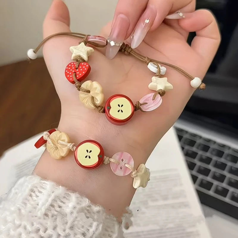 Handmade Ceramic Apple Bracelet - Adjustable Woven Cord with Cartoon Beads for Women - ZOOMNSTORE