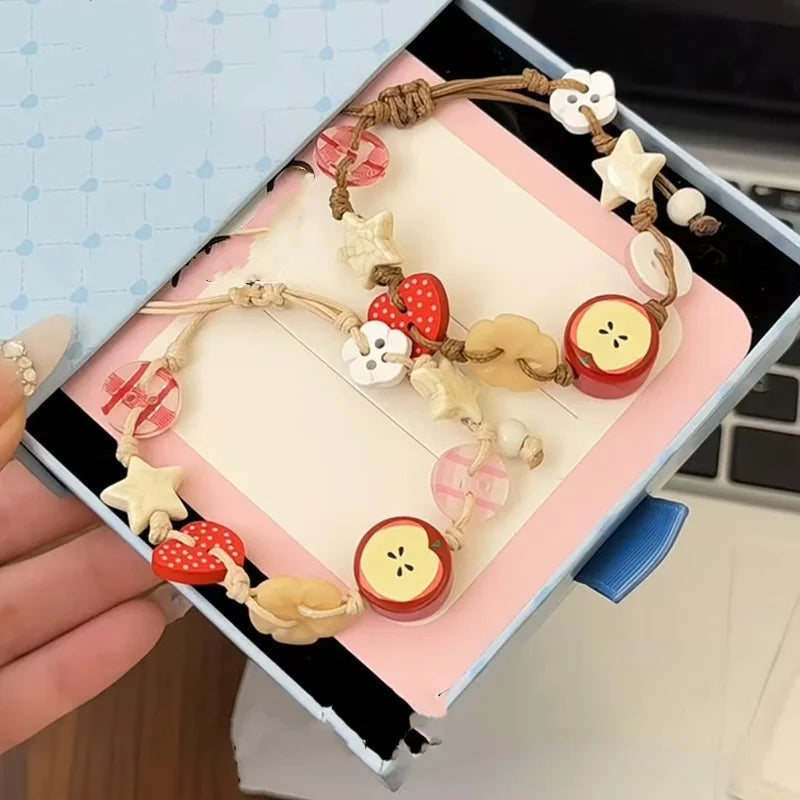 Handmade Ceramic Apple Bracelet - Adjustable Woven Cord with Cartoon Beads for Women - ZOOMNSTORE