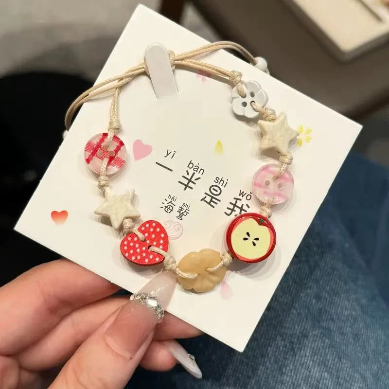 Handmade Ceramic Apple Bracelet - Adjustable Woven Cord with Cartoon Beads for Women - ZOOMNSTORE